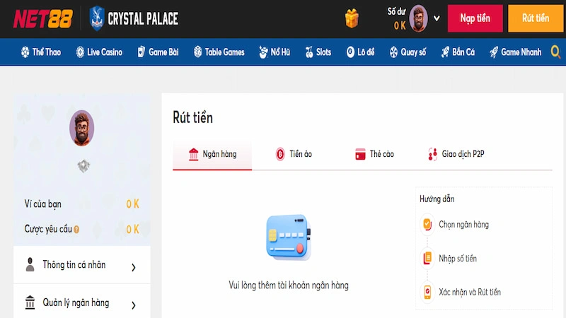 Giao diện rút tiền uy tín của Net88