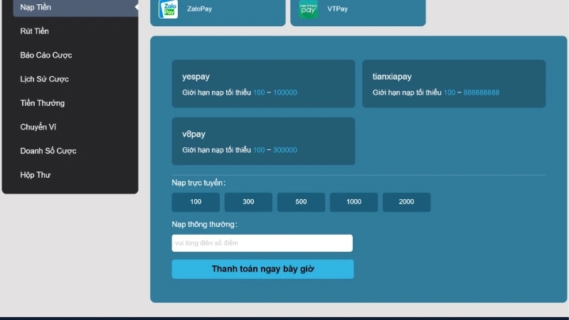 Nạp tiền với Internet Banking