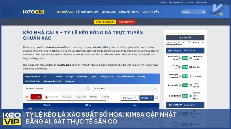 Tỷ lệ kèo là xác suất số hóa; Kimsa cập nhật bằng AI, sát thực tế sân cỏ.